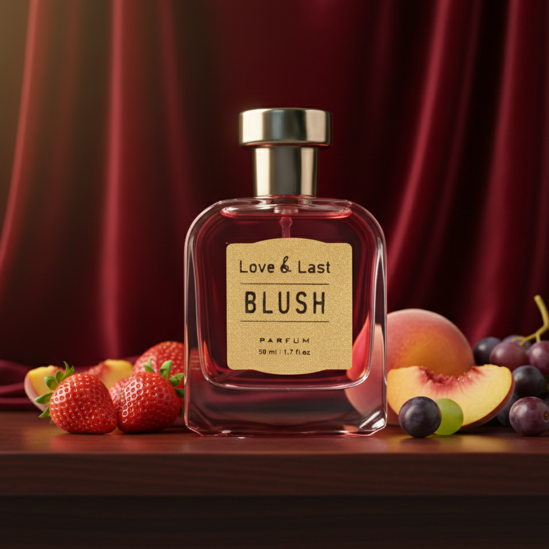 Love & Last Blush perfume featuring sweet notes of strawberry, grapes, and creamy peach.