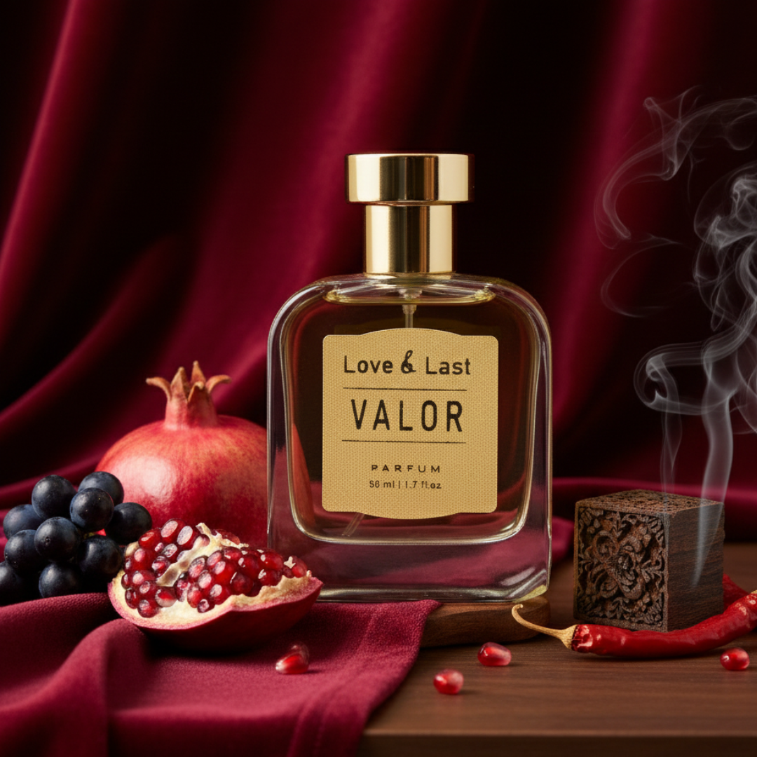 Love & Last Valor bold fragrance with spicy notes, pomegranate, and rich oud wood